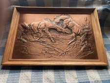 Amazing ~ 2 Stallions Battle While Others Watch High Relief Copper Oak Framed.