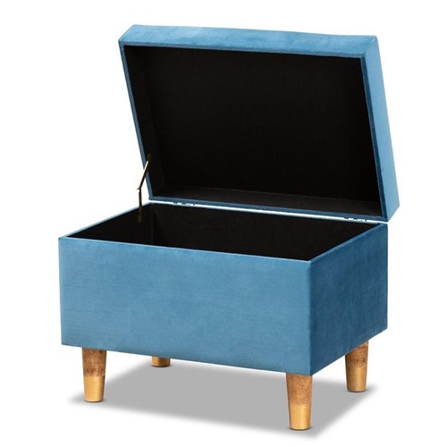 Baxton Studio Elias Sky Blue Velvet and Brown Finished Wood Storage Ottoman - Picture 2 of 11