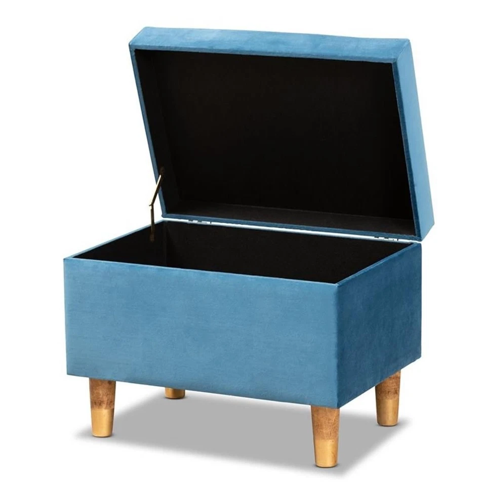 Baxton Studio Elias Sky Blue Velvet and Brown Finished Wood Storage Ottoman - Image 2 of 4