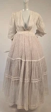 VICTORIAN LATE 19TH C EMBROIDERED COTTON BATISTE DRESS W PUFF SLEEVES + LACE