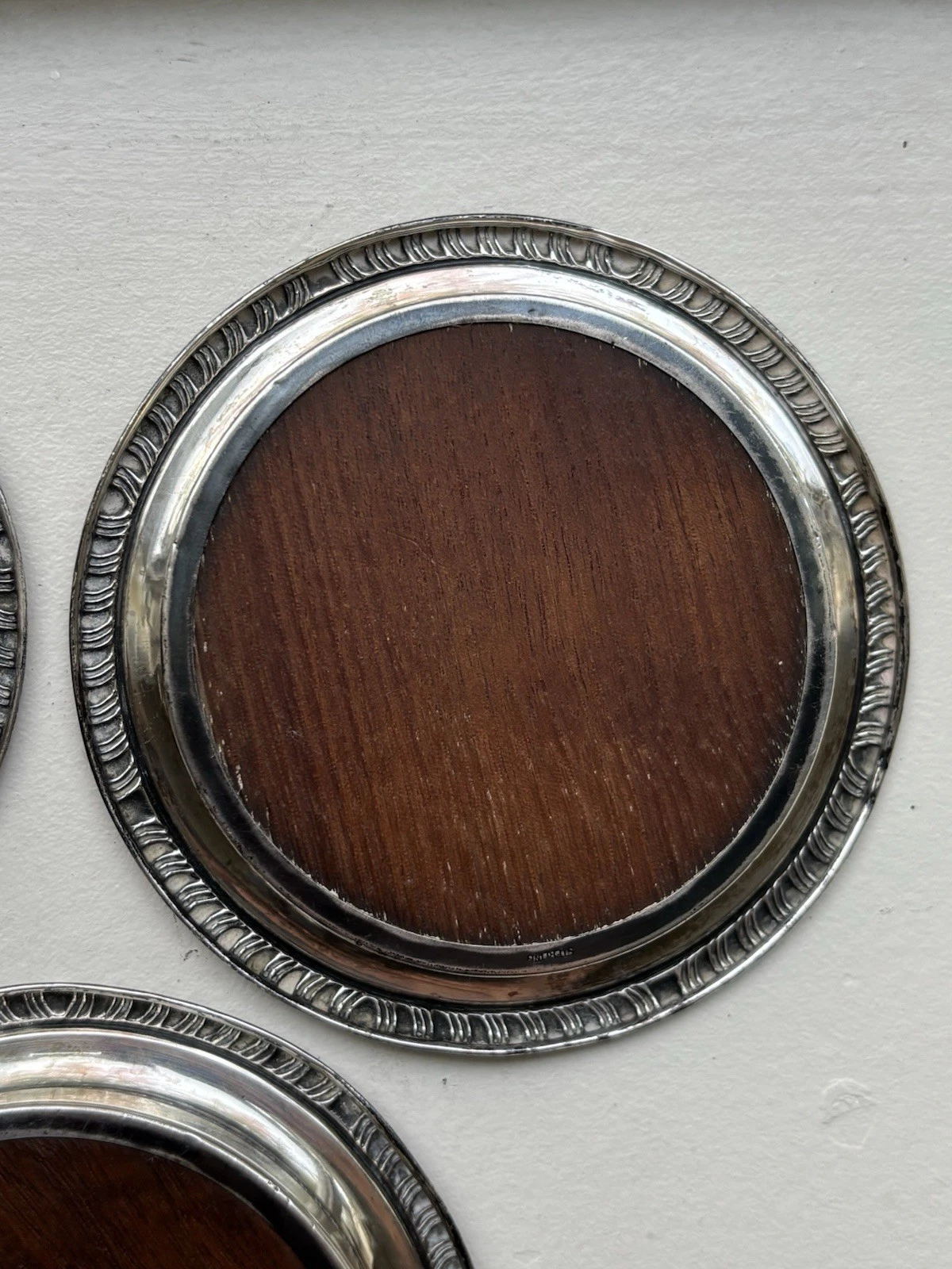 Set Of 5 Vintage Sterling Trivets With Wood Centers 925 3.70” Wide - product detail image 5