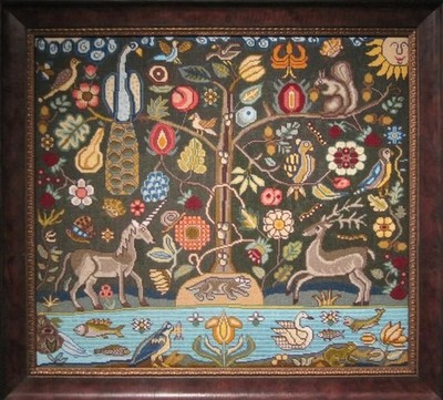 A Peacocok A Unicorn A Dachs Kreuzstich Muster Sampler Primitive Garden