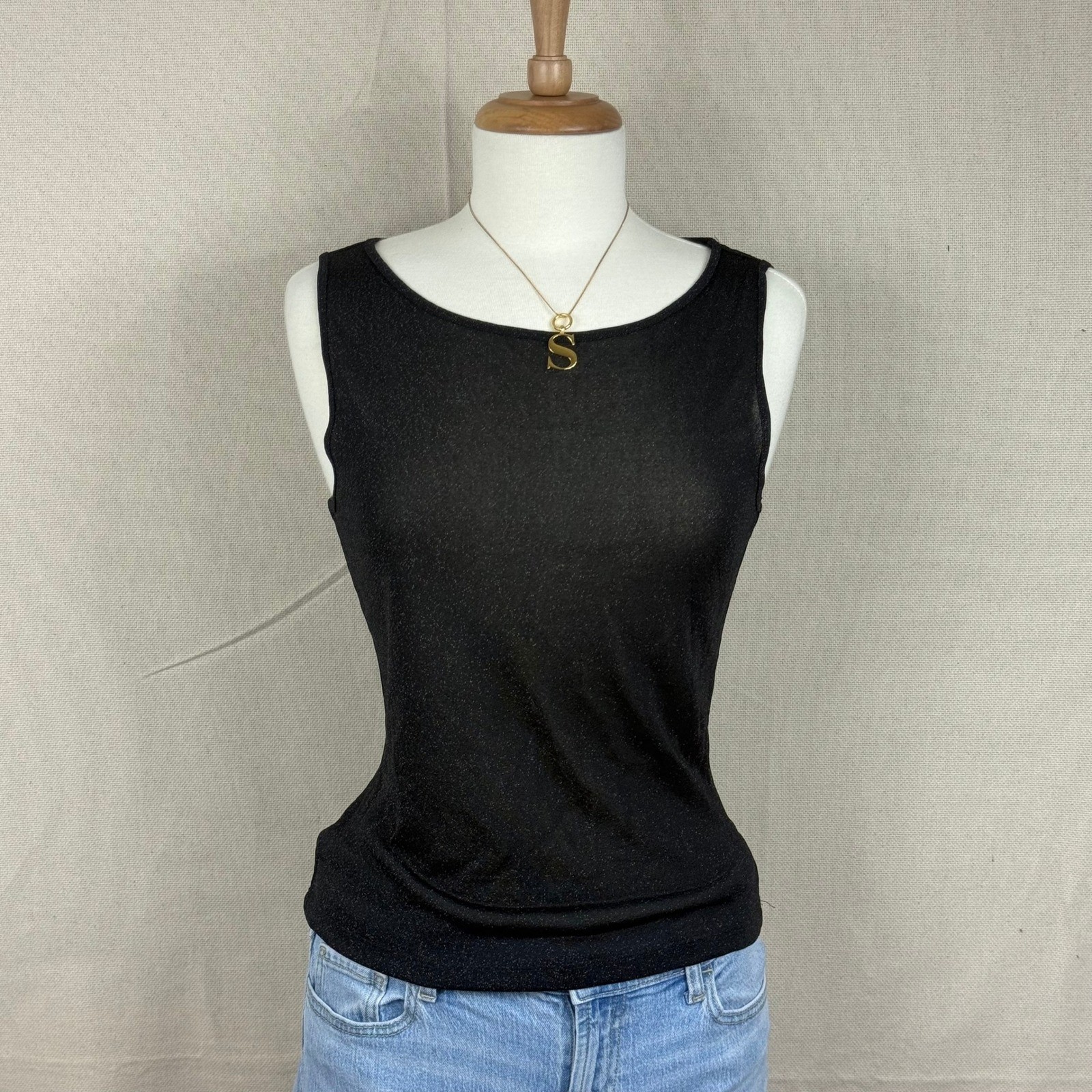 Vintage Ann Taylor Womens Black Metallic Shimmer Sleeveless Tank Top Medium
