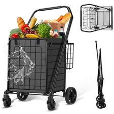 HABUTWAY Grocery Cart on Wheels, Folding 110LBS Jumbo Cart with Dual Basket