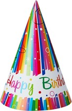 Rainbow Ribbon Birthday Party Paper Hats (15cmTall) Pack of 8 - Colorful Festiv