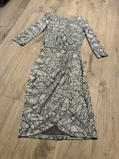 French Connection Faux Wrap Knee Length Silver, Blue & Grey Dress Size 10 VGC