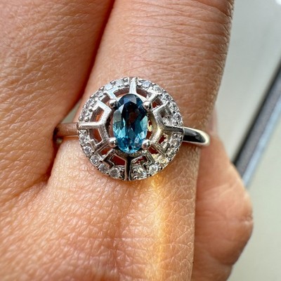 925 Sterling Silver Ring 5x3mm Natural London Blue Topaz Handmade Zircon Flower
