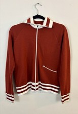 VINTAGE 1970s Rust Orange Zip Up Tennis Jacket White Stripes Track Sportswear M