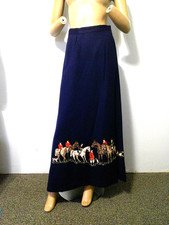 Vtg 70's Equestrian English Riding Fox Hunt Applique Navy Wool Wrap Maxi Skirt S