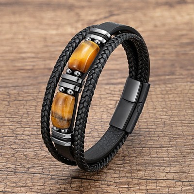 Braided Leather Bracelet Men Red Blue Tiger Eye Stone Stainless Steel Jewelry