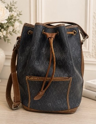 VTG Christian Dior Logo Honeycomb XL Bucket Bag Black Cognac Leather Purse