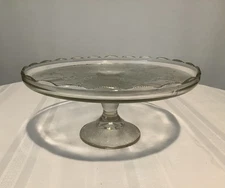 Vintage Jeanette Glass Pedestal Cake Stand Harp  Scroll Pattern