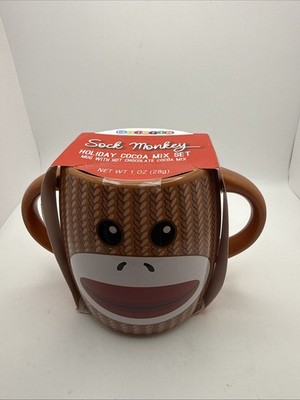 Galerie Brown Sock Monkey Holiday Cocoa Mix & 4  Mug Gift Set   Boxed (NEW)