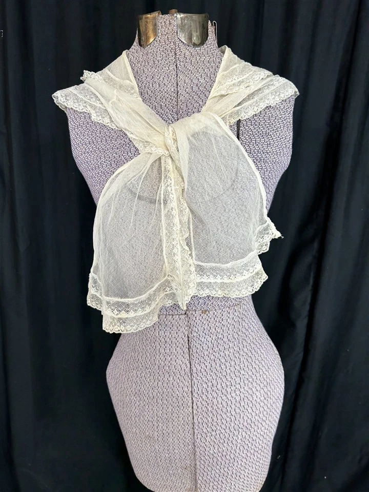 antiguo cuello fichu red encaje blanco doble capa hecho a mano 43 largo siglo XIX  Foto 3 de 4