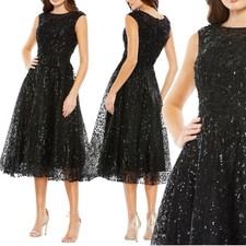 NWT Mac Duggal 20398 Sequin Cap Sleeve Fit & Flare Midi Dress Black Size 10