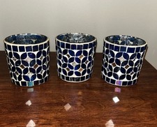 Mosaic Blue Glass Votive Candle Holders Set Of 3 Tea Light READ