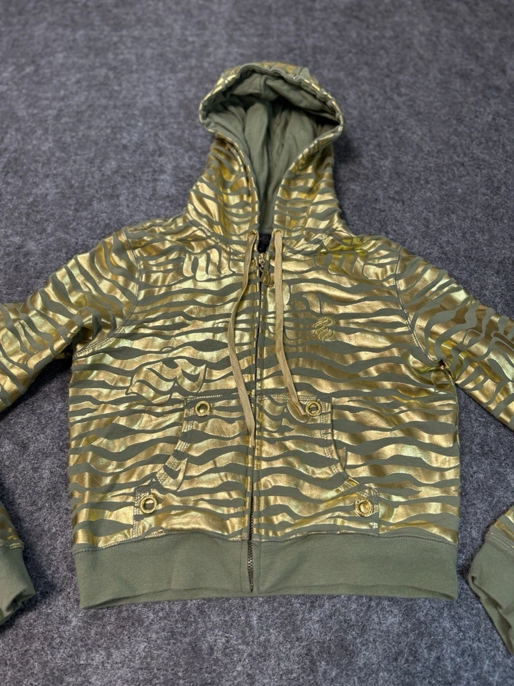 Rocawear Women’s Gold / Green Zebra Print Crop Jacket Zip Up Y2K 2000s Hooded - Image 4 of 4