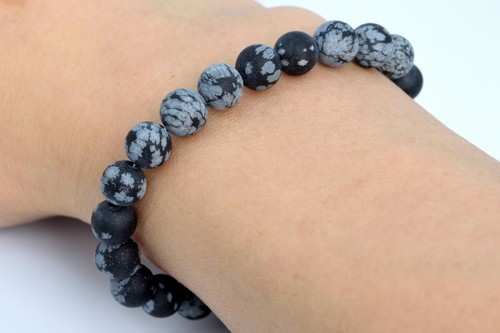 8MM Matte Snowflake Obsidian Bracelet Grade AAA Natural Round Gemstone Beads 7" - Picture 3 of 4