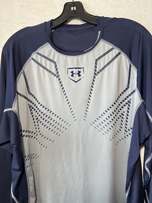Under Armour Baseball Shirt Men's Large Logo Tee 3/4 Sleeve Blue Grey