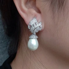 White Sea Shell Pearl Micro Cz Pave Stud Dangle Earrings Gift Bridesmaid Jewelry