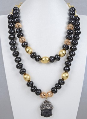 2 Rows Black Onyx Rondelle Buddha  Buddhist Statues Pendant Necklace 21'' 