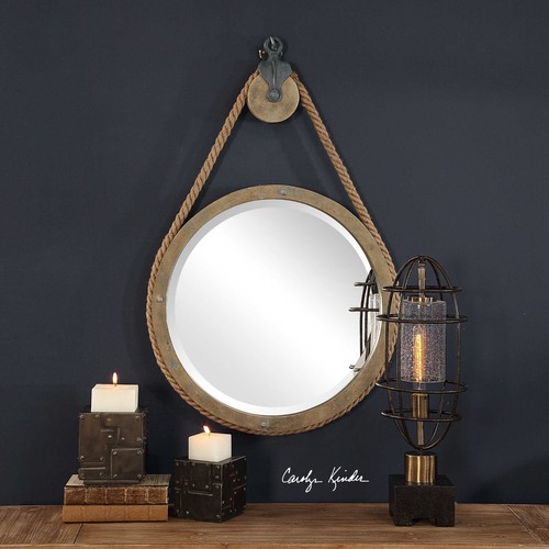 PAIR DESIGNER WESTERN INDUSTRIAL 25" WALL VANITY MIRRORS PULLEY STYLE HANGER - Picture 2 of 6