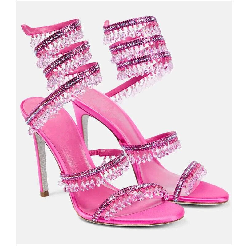 Women Glitter Crystal Rhinestone Tassels High Heel Stiletto Shoe Open Toe Sandal - Image 1 of 4
