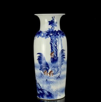 44CM Wang Bu Signed Old Chinese Blue and White Vase W/cock N1033