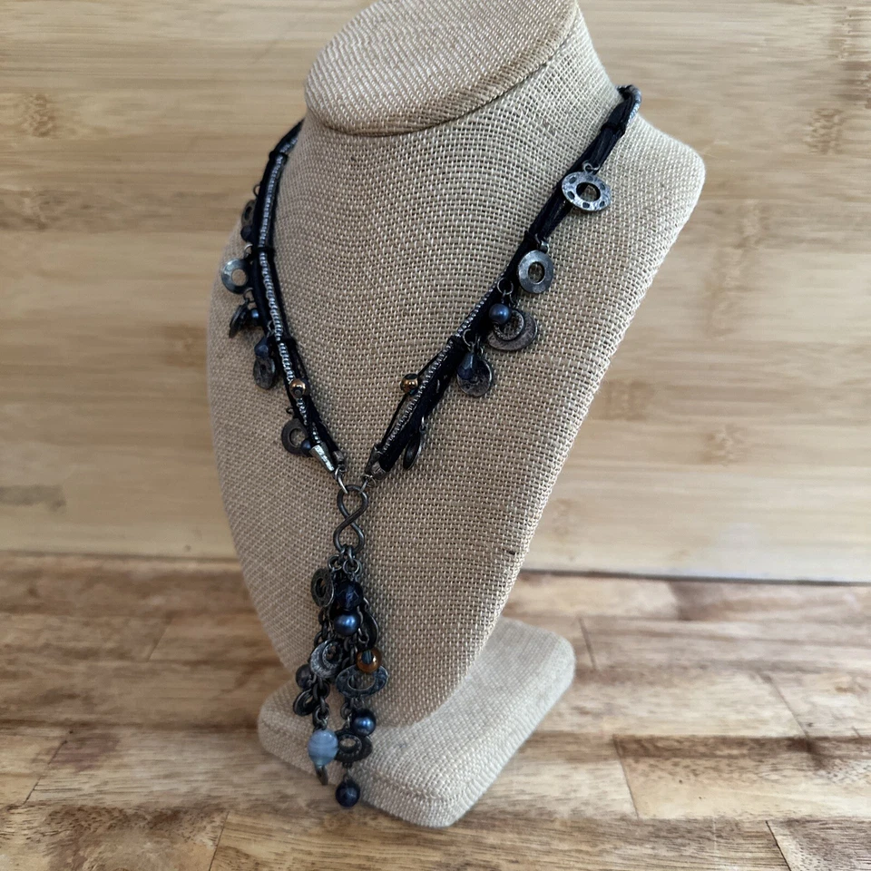 Corrente de contas Coldwater Creek Y gota frisada metal pendurada preta com fio 18-20” - Imagem 3 de 4