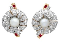Cultured Pearl, 1.36ct Diamond and Synthetic Ruby, 18ct Gold Stud Earrings