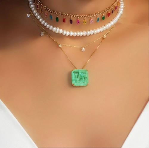 BRIGHT GREEN NATURAL COLOMBIAN EMERALD NECKLACE PENDANT 18K YELLOW GOLD VERMEIL - Picture 5 of 8