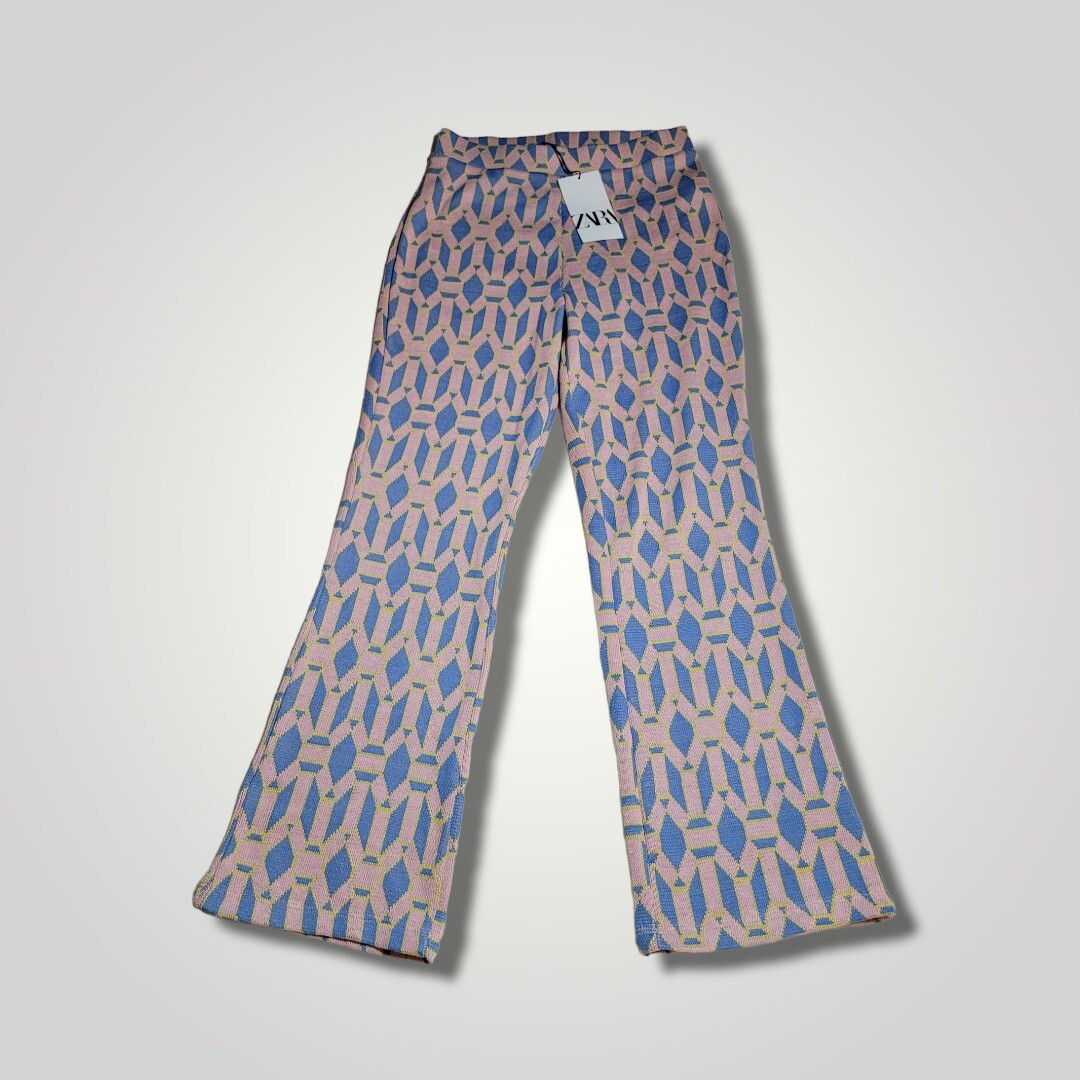 ZARA Women's Jacquard Knit Kick Flare Pants Medium Pink Blue