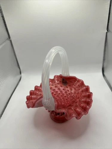 FENTON CRANBERRY OPALESCENT HOBNAIL SPIRAL OPTIC RIBBED SMALL BASKET 6”