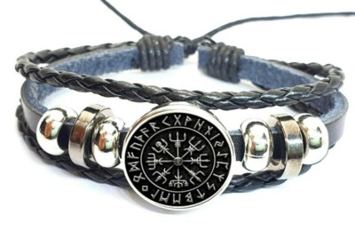New Rotatable Leather Viking Vegvisir Rune Compass Cuff Bracelet Icelandic Stave