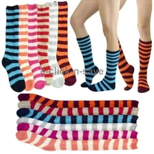 3 Pair Women's Strip Winter Socks Cozy Fuzzy Slipper Long Fleece Knee High 9-11