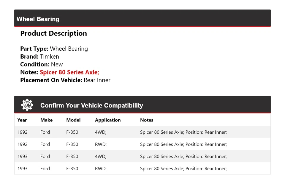 Cojinete de rueda interior trasero Timken para Ford F-350 1992-1993 Foto 2 de 4