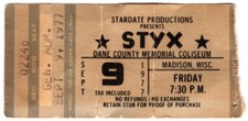 1977 STYX concert ticket stub MADISON WISCONSIN Dane County Coliseum 9/9 creases