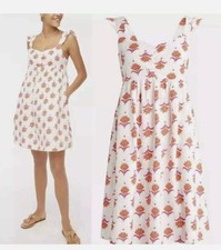 J Crew Linen Blend Ruffle Strap Mini Dress Pockets White Floral Women’s Size 2
