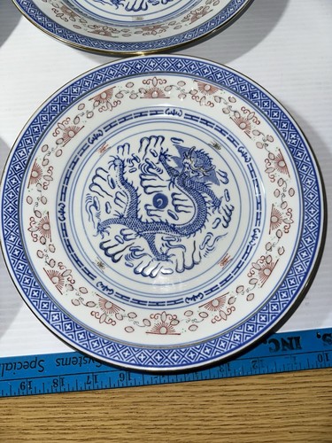 Vintage Dragon Rice Eye Dinner Plate Blue & White W/ Gilt Accent 10” CX369? - 第 1/4 張圖片