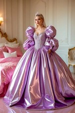 Shiny Lilac Lavender Victorian Wedding Dresses Puffy Long Sleeve Lace-up Corset
