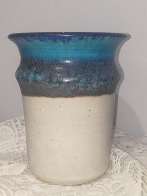 Studio Art Pottery Blue Drip Glaze Vase Hand Made Signed By Artist