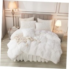 Plush Duvet Cover, Fluffy Soft Faux Fur Velvet Comforter Cover, Queen White