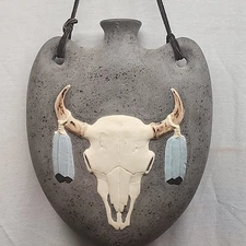 Native American Ceramic Jug/Canteen Bull Skull & Feathers Wall Hanging