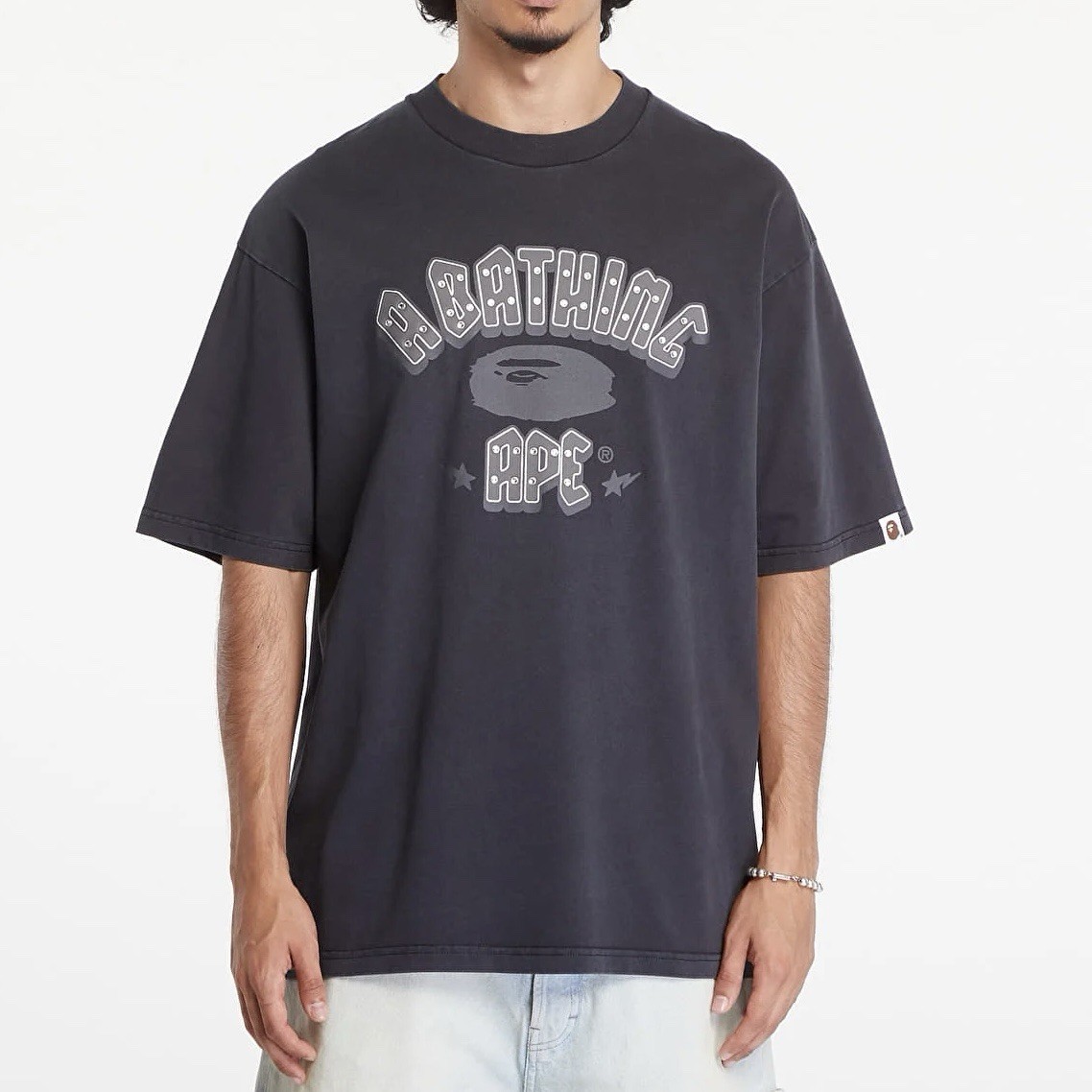 Bape Rhinestone Logo Relaxed Fit Garment Dyed Tee Size L NWOT