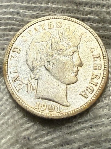 1901 Barber Silver Dime Choice AU+ Toned