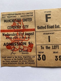 Manchester United V Coventry City 21/08/1969 Match Ticket Very Rare