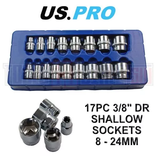 US PRO Tools 17pc 3/8 dr Shallow Sockets Set, Socket 6 Point 8-24mm 1376 - Picture 1 of 4