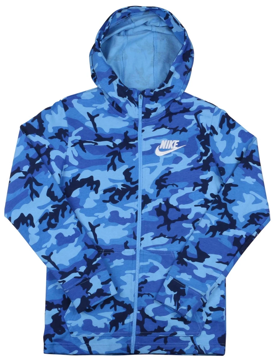 na school merk op Stoel Nike Boys Blue Camp Full Zip Hoodie Blue Camo/White Sz Small | eBay