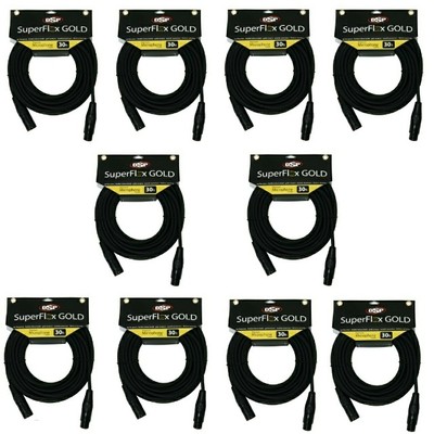 10 Mic Cables 30ft XLR Ultra-flexible Cable Gold Contacts 22AWG SuperFlex Gold
