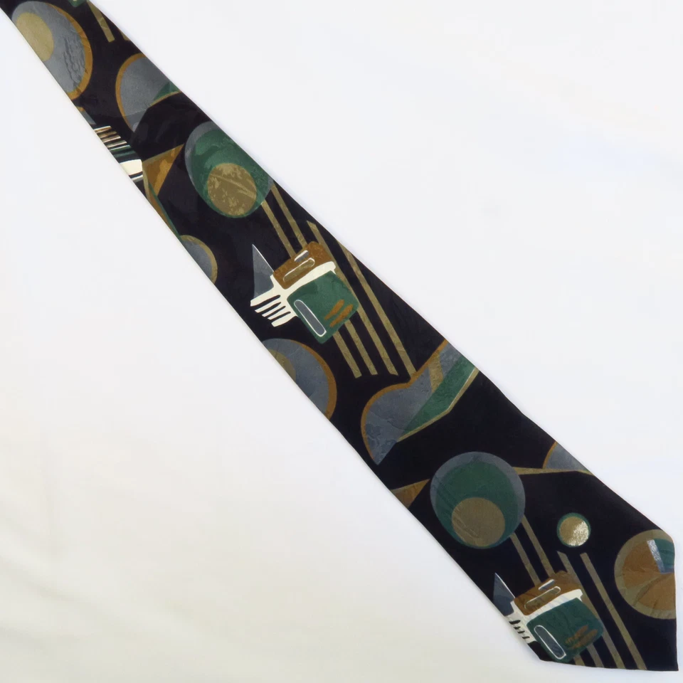 Corbata de cuello abstracta geométrica negra verde vintage toda seda Milano 58x4 artística Foto 2 de 4